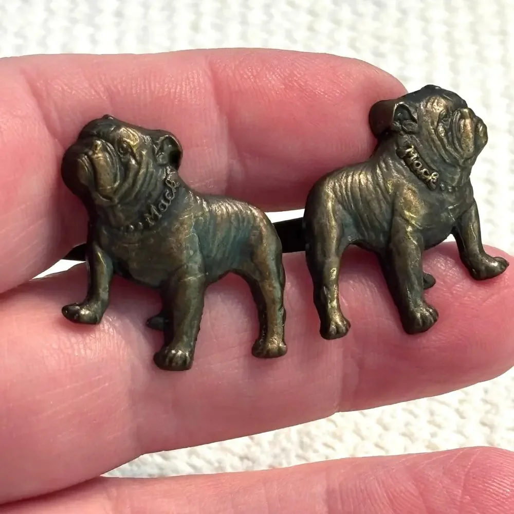 Vintage men's cufflinks Mack Truck brass bulldogs bronze goldtone etched metal